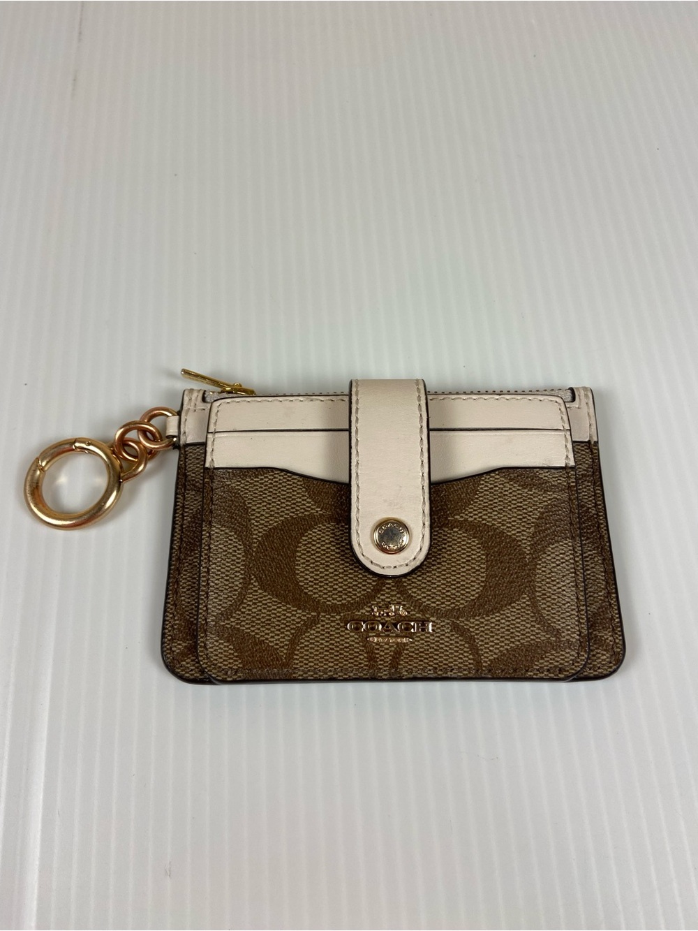 Coach Signature Zip Card Case ID Holder Key Ring Wallet Khaki Chalk